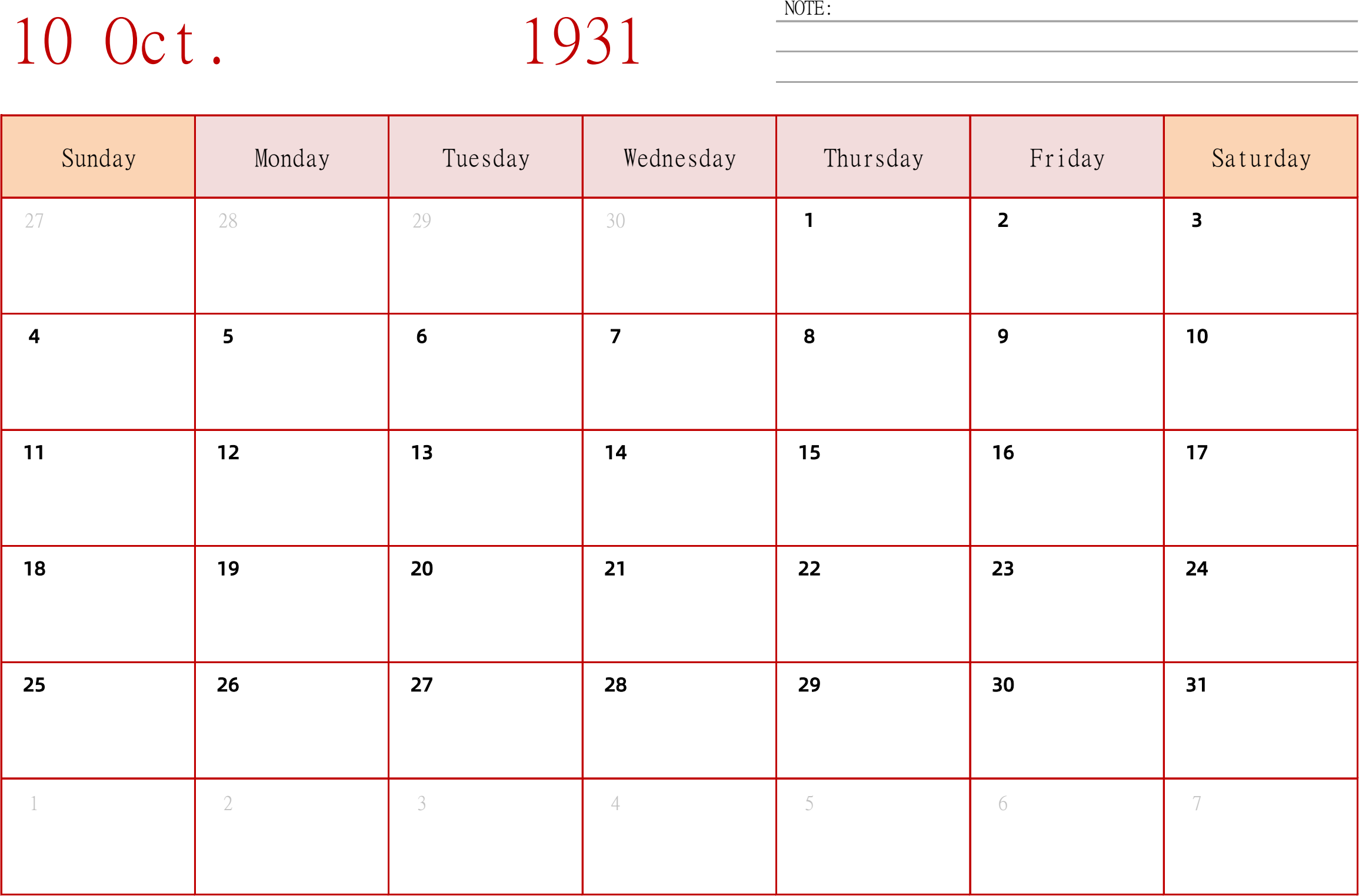 日历表1931年日历 英文版 横向排版 周日开始